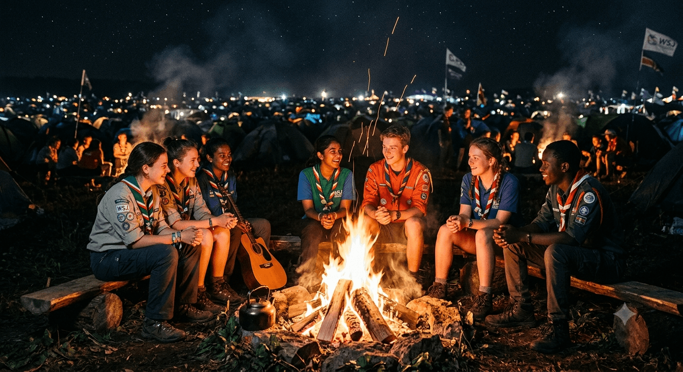 Scouts around a campfire at jamboree